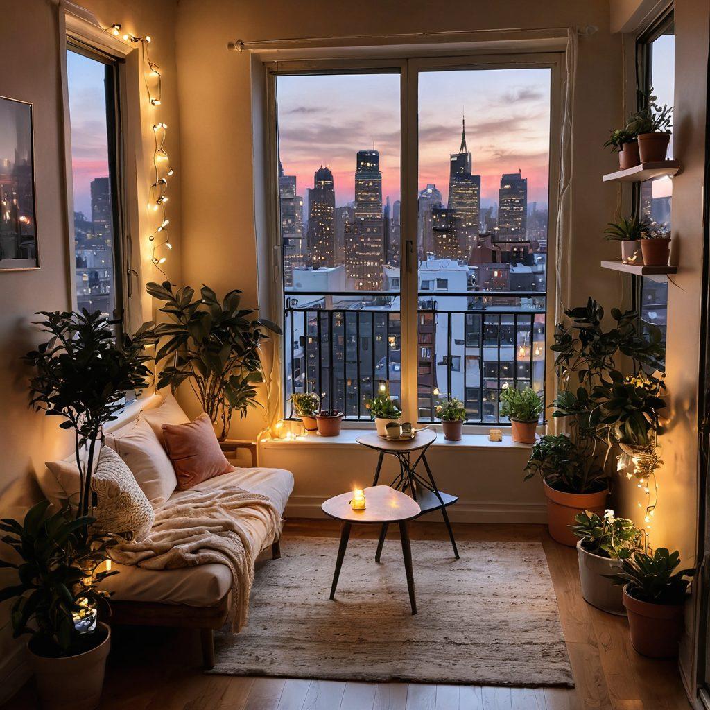 A cozy urban apartment showcasing a small balcony with twinkling fairy lights, potted plants, and a small table set for two with candles. The interior features soft textures, warm colors, and romantic decor elements like heart-shaped cushions and wall art. A city skyline is visible through the windows, emphasizing the urban setting. The ambiance is inviting, intimate, and stylish. super-realistic. warm tones. vibrant colors.