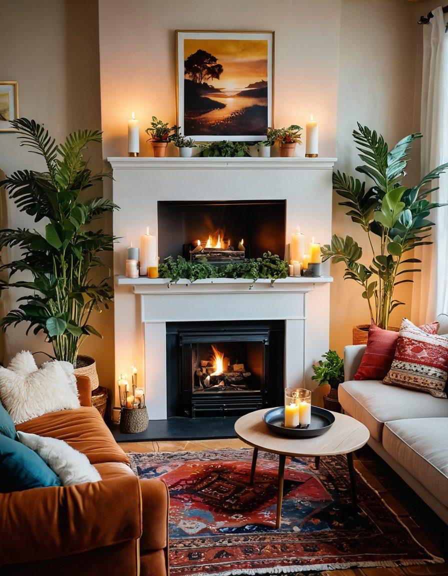 A beautifully decorated living room showcasing cozy elements for a romantic apartment, featuring soft cushions, warm lighting, and a small fireplace. Include a couple holding hands on a plush sofa, surrounded by plants and candles creating an intimate atmosphere. The room should have a touch of bohemian style with colorful rugs and art on the walls. soft-focus. warm tones. inviting ambiance.