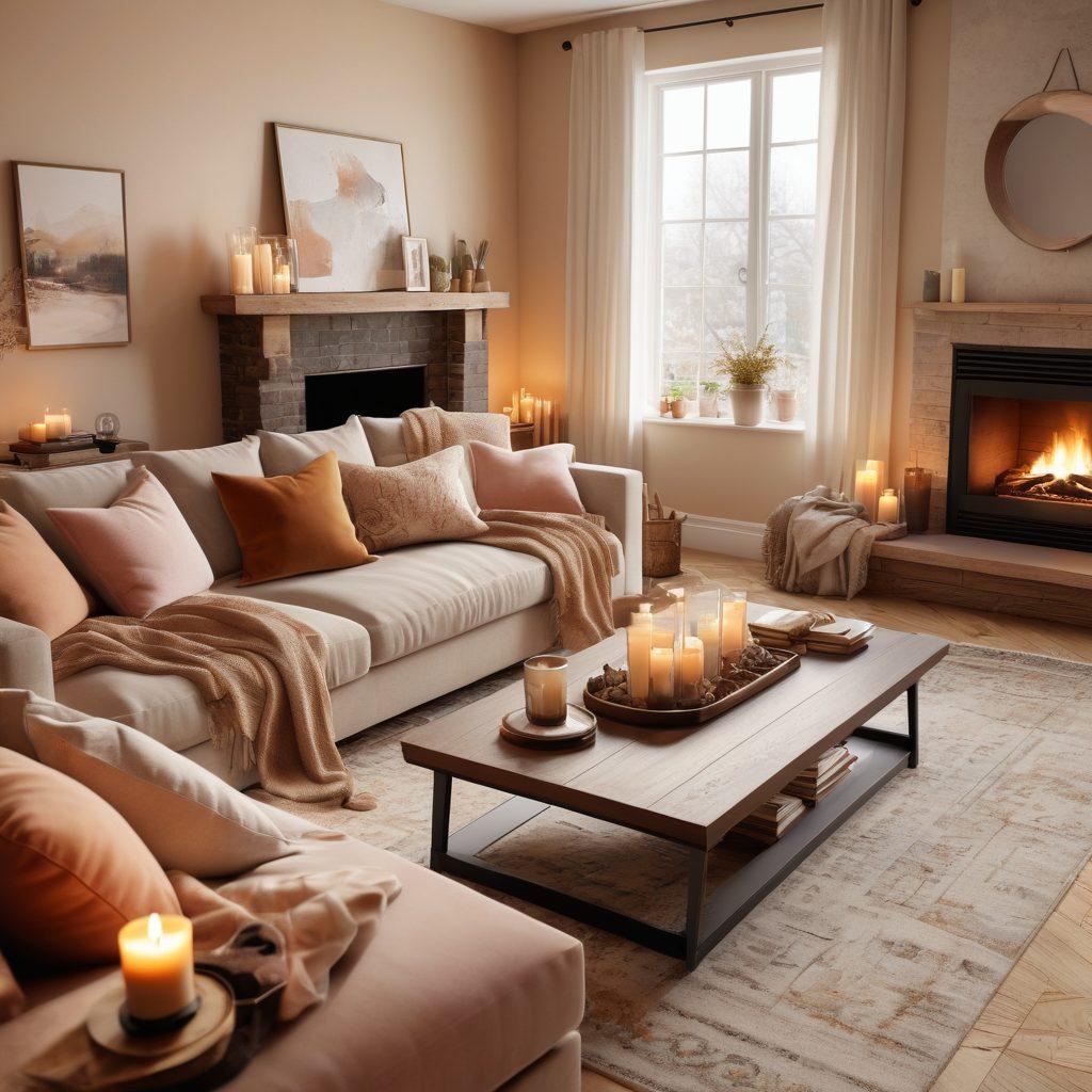 A beautifully designed cozy living room featuring a plush sofa, warm lighting, and a cozy fireplace, adorned with soft throw pillows and a textured rug. Include a styled coffee table with candles and books, and a view of a couple relaxing together, sharing a warm drink. Emphasize a color palette of warm earth tones and soft pastels. elegant illustration. warm hues. 3D.